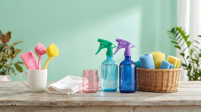 Colorful cleaning supplies on a wooden table with a green wall background