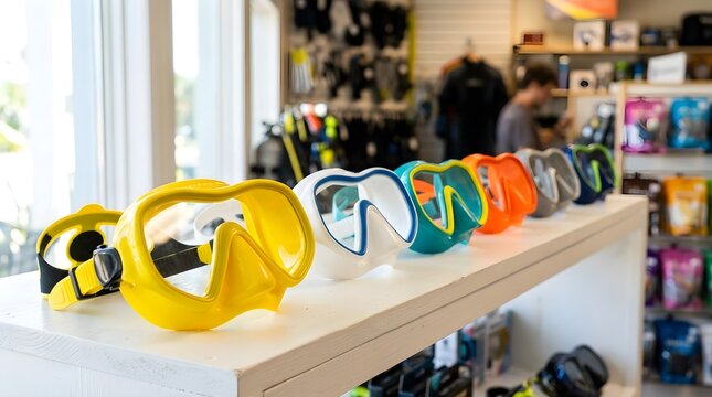 Scuba diving goggles in various colors on a white shelf in a store