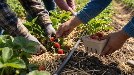 Fototapeta premium Farm Hands Picking Strawberries Over Mulch Beds For Fresh Supply