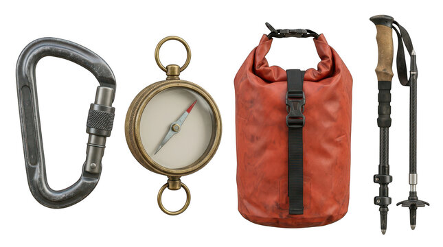 Outdoor adventure gear including a carabiner compass dry bag and trekking poles isolated on transparent background