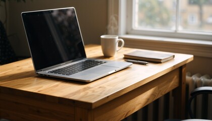 Fototapeta premium Productive home office setup for remote work or digital nomad lifestyle with laptop and coffee.