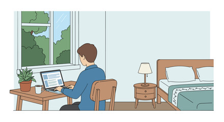 Fototapeta premium Flat illustration of person sitting at desk hesitating before decision, hand on chin, laptop open but idle, sticky notes blank on desk, remote worker, freelance, work from home, work from anywere,