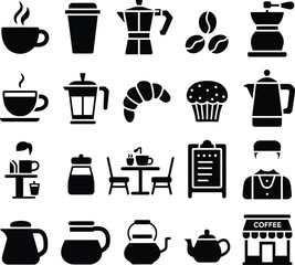 Obraz premium Coffee shop and beverage set featuring coffee cup, espresso, french press, beans, and barista desi