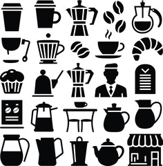Obraz premium A set of black coffee and cafe featuring cups, pots, beans, and various brewing equipment d