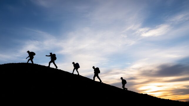 Hikers climb a mountain during sunset with a blue sky and clouds