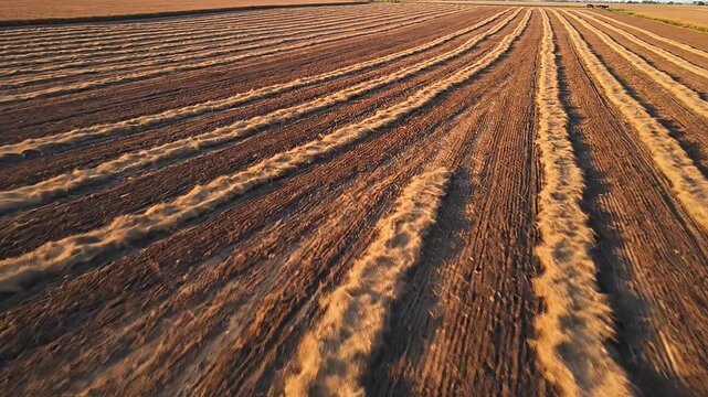 Golden sunset light over parallel rows of plowed field.