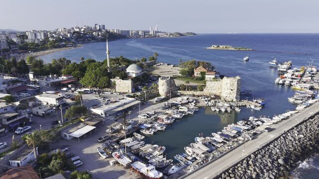 Aerial View of Yumurtalık Castle in Adana Turkey Showing Medieval Coastal Fortress and Mediterranean Seaside Landscape