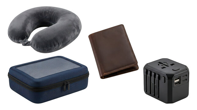 Travel accessories including a neck pillow travel case wallet and universal adapter set against a plain backdrop for easy compositing Isolated on transparent background