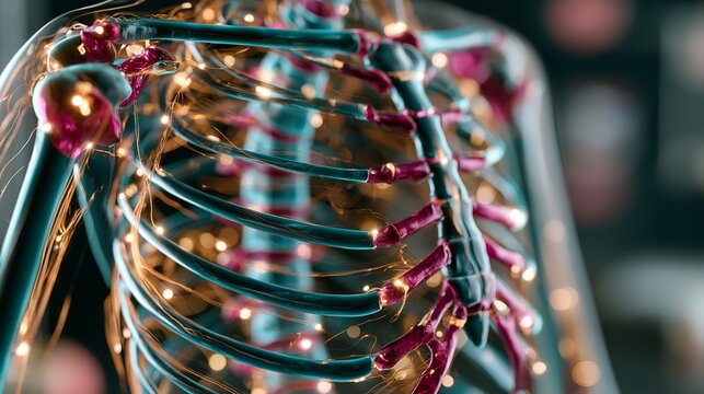 Abstract representation of the human rib cage with glowing neural pathways