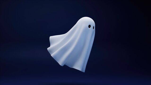 Floating white ghost character with black eyes on a dark blue background