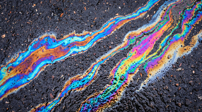 Abstract iridescent oil spill texture with vibrant rainbow colors on dark background