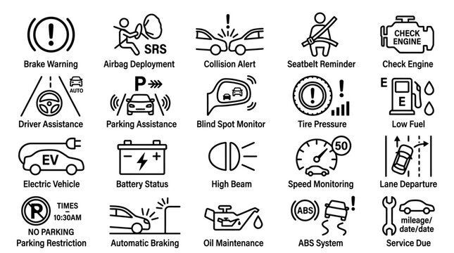 Car dashboard warning lights symbols.