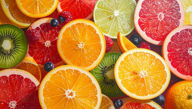 Close up overhead view of fresh citrus fruits berries and kiwi slices