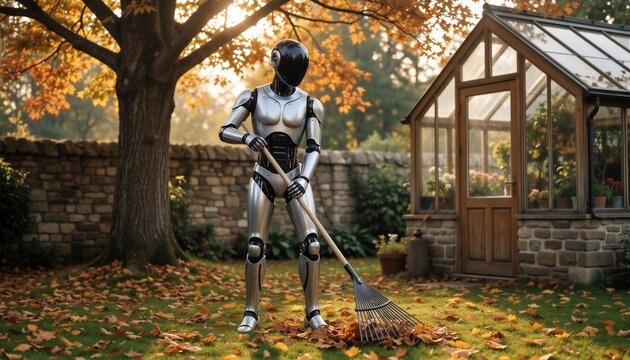 Silver humanoid robot acting as an AI assistant, raking autumn leaves in a beautiful garden setting.