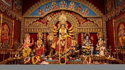 Fototapeta premium Hindu deity Durga sitting atop a decorated altar with multiple statues.