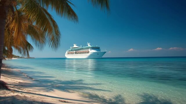 Cruise Vacation Ideas for Summer Large white cruise ship anchored near a tropical beach with palm trees clear skies and calm turquoise sea concept of travel and vacation