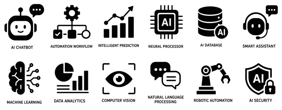 Set of twelve black flat vector icons representing various artificial intelligence technologies and machine learning concepts for modern web and software design on transparent background