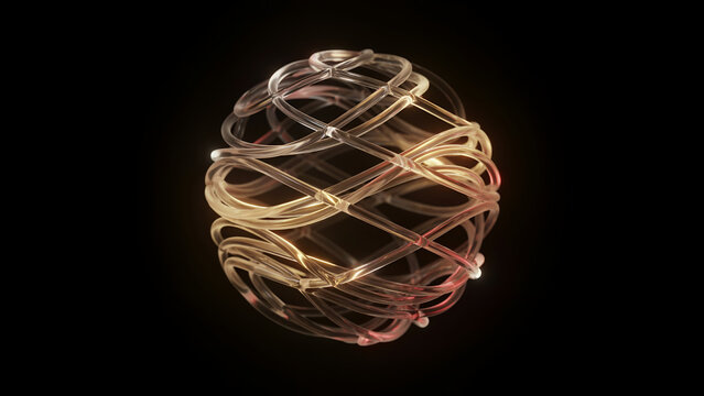Intricate golden glass sphere made of interwoven glowing light filaments creating a complex spherical structure on a solid black background