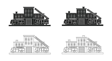 Fototapeta premium Fire station silhouette building truck ladder emergency