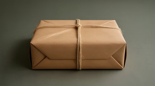 A beautifully wrapped gift box with a brown paper wrapping and tied with natural twine string presenting an elegant aesthetic on a solid background.