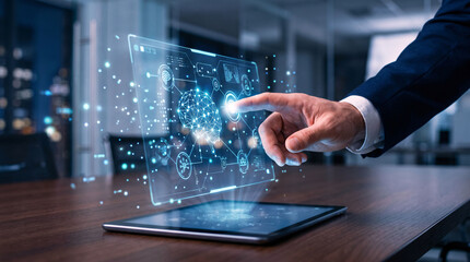 Fototapeta premium Futuristic tablet displaying complex artificial intelligence neural network with brain symbol and data nodes on wooden office table representing advanced computing and innovation.