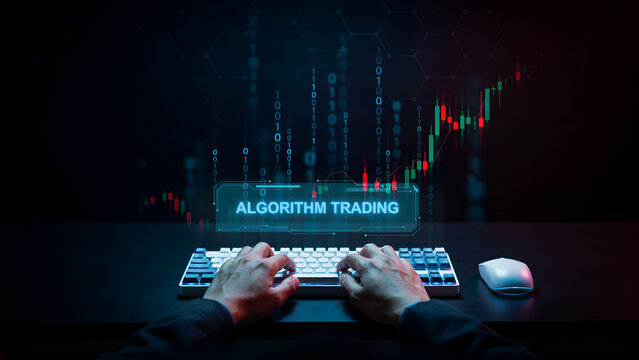 Person typing on a computer keyboard with a glowing digital interface showing algorithm trading charts and binary code data streams