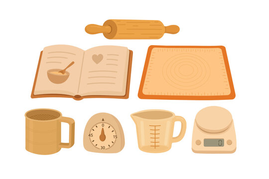 Warm flat vector set of baking prep tools, measuring equipment, and recipe book.