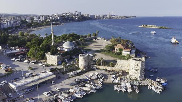 Aerial View of Yumurtalık Castle in Adana Turkey Showing Medieval Coastal Fortress and Mediterranean Seaside Landscape