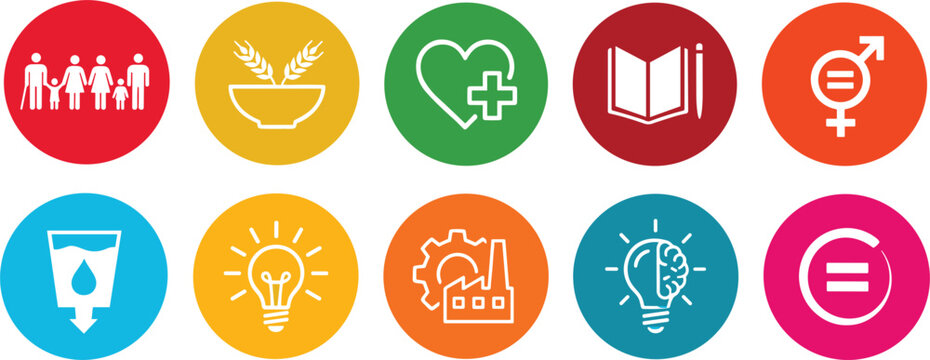 Colorful Circular SDG Icon Set with Family Food Health Education Gender Water Innovation Industry Knowledge Economy for Sustainable Development Designs