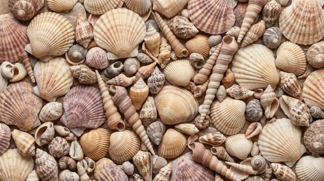 Assorted seashells and snail shells in various sizes.
