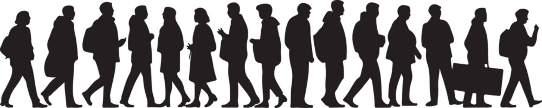 Diverse group of commuters and pedestrians in black silhouettes walking purposeful and busy through an urban environment