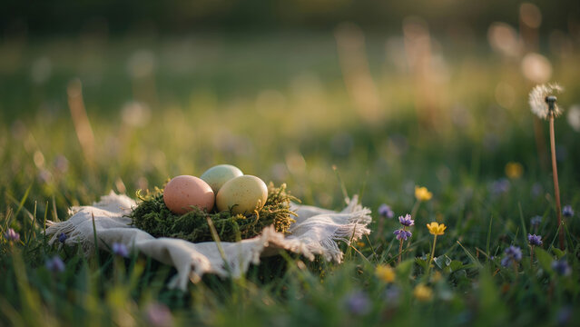 Three colorful easter eggs nestled in a small mossy nest made of linen cloth, placed in a green meadow filled with tiny wildflowers at sunset