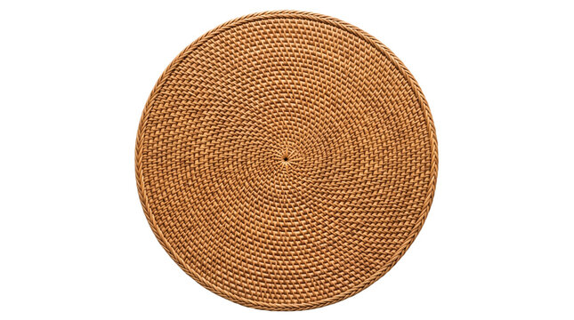 Top view of a round woven rattan placemat isolated on a white background.