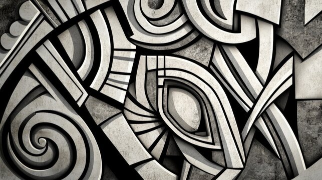 Dynamic Monochromatic Abstract Geometric Relief with Textured Concrete Forms and Deep Shadows