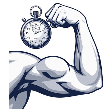 Muscular arm flexing a bicep while holding a classic mechanical analog stopwatch to represent intense fitness training and speed performance concepts presented on transparent background