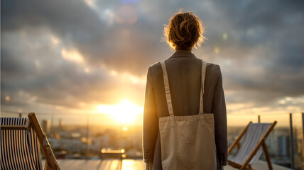 Fototapeta premium Woman facing sunset, contemplating future