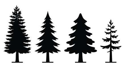 Four coniferous tree silhouettes against a white background a minimalist botanical illustration pine fir spruce evergreen trees flora © APIM02SN