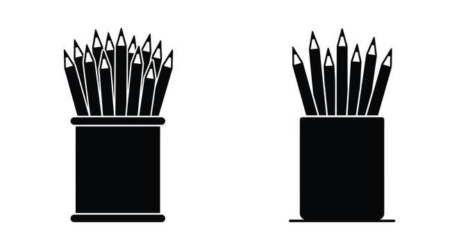Pencils in a cylindrical container a black silhouette against a white background silhouette colored writing utensils drawing tools