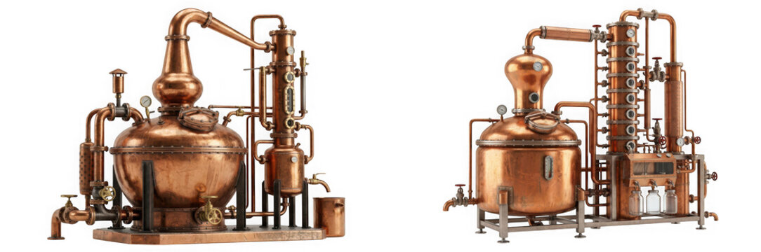 Copper distillation equipment for alcohol production isolated on transparent background
