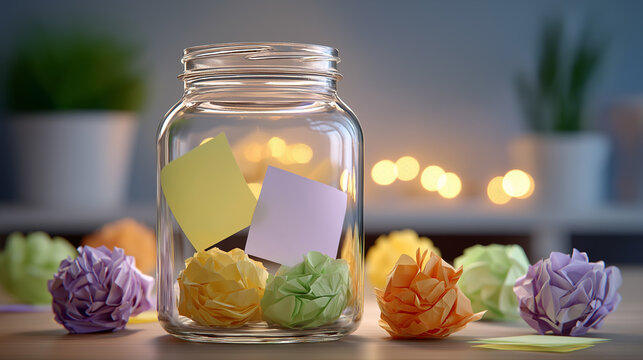 Jar of Ideas: A glass jar filled with colorful sticky notes, surrounded by crumpled colorful paper balls, symbolizing creativity, inspiration, and the collection of brilliant thoughts.