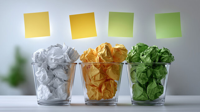 Idea Generation: Three glass jars filled with crumpled paper, sorted by color &ndash; white, yellow, and green &ndash; are displayed under colorful sticky notes.
