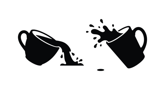 Spilled mugs with flowing liquid depicted as a black silhouette against a white background mug cups coffee tea