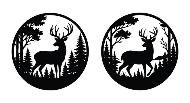 Two circular black silhouettes depicting a stag in a forest scene with trees wildlife silhouette deer buck woods