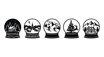 Five snow globe silhouettes depicting winter scenes and activities a black and white composition silhouette snowglobes scene landscape © APIM02SN