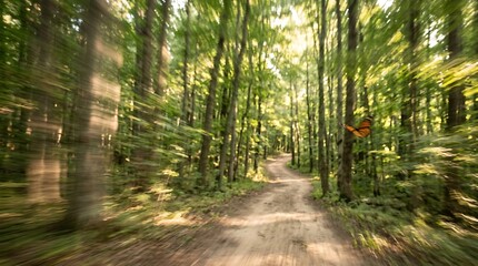 Naklejka premium Fast forest trail with orange butterfly in motion blur
