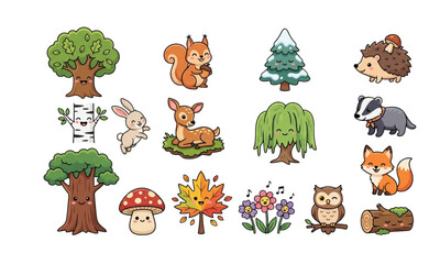 Obraz premium Cute cartoon woodland forest animals and trees set, kawaii wildlife nature elements vector illustration clipart