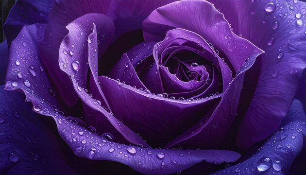Close up of vibrant purple rose with water droplets macro beauty
