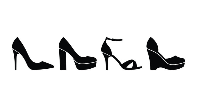 Four black high heeled shoes in a row a minimalist silhouette footwear heels stilettos platforms slingbacks women fashion