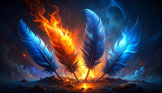 Fiery and icy feathers composition with dramatic lighting