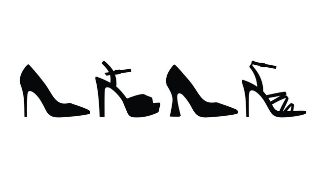 Variety of women s high heeled shoes in black silhouette against a light gray background silhouette footwear heels